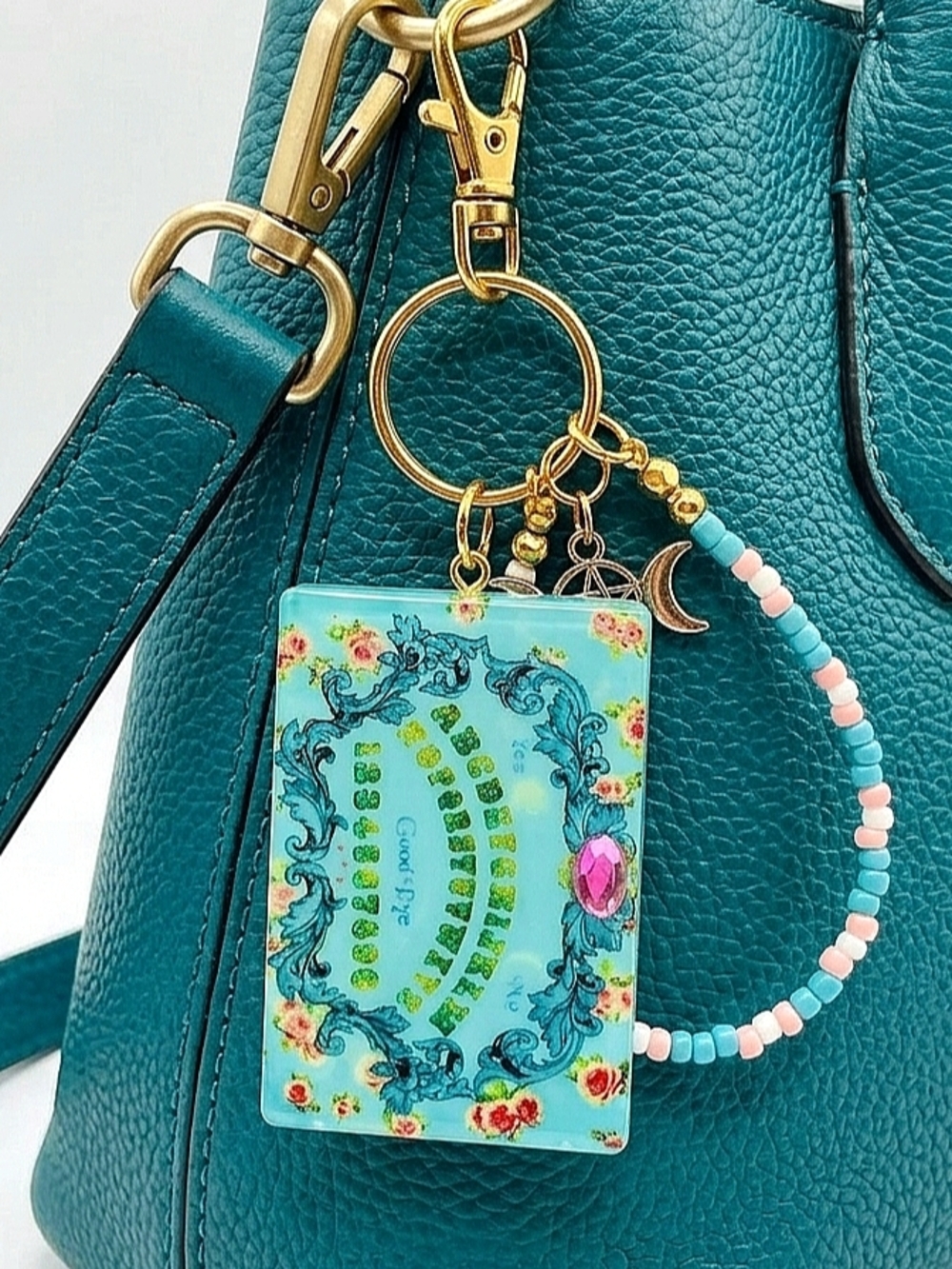 Witchy Teal Spirit Board Wristlet Keychain - Triple Moon Pentacle Resin Charm